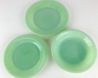 3 Vintage Fire King Jadeite Jane Ray Dinner Plate set Anchor Hocking Jade-ite, retro kitchen decor, vintage milk glass, kitschy kitchen