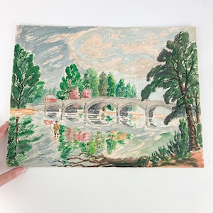 Vintage Signed Original watercolor Fly Fishing Lake Trees landscape Bridge Art, Gallery Wall, vintage original art, signed art