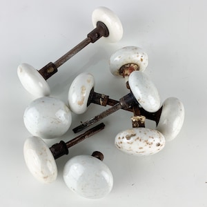 10 Antique Porcelain White Door Knobs Spindles Farmhouse Architectural Salvage
