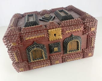 Antique Tramp Art Box Chip Carved Original Paint Folk Art Jewelry Box c1919, vintage tramp art
