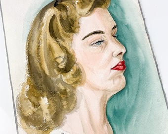May include: A watercolor painting of a woman with blonde hair and red lipstick. The woman is looking to the right and her hair is styled in a 1950s style. The background is a light green color. The painting is signed "BEIER" in the lower right corner.