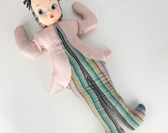 Vintage Tall Cloth Rag Doll Celluloid Plastic Face Lashes 1950s Yarn Hair, kitschy doll, Kitsch, mid century modern doll