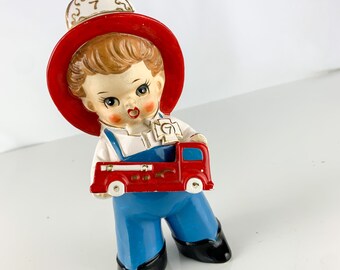 Rare Vintage Relpo Ceramic Fire Chief Little Boy Fire Truck Figurine Kitschy