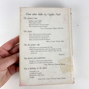 May include: A book cover with a white background and black text. The title of the book is "From other books by Ogden Nash". The book cover features excerpts from different poems by Ogden Nash, including "On women's hats", "On slacks", "On the perfect wife", "On drivers and pedestrians", and "On a birthday at the beach".