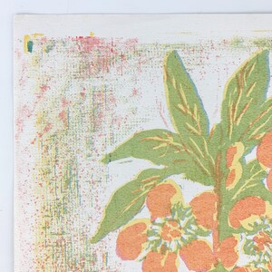 May include: A vintage floral print with orange flowers and green leaves on a white background. The print has a textured, distressed look.