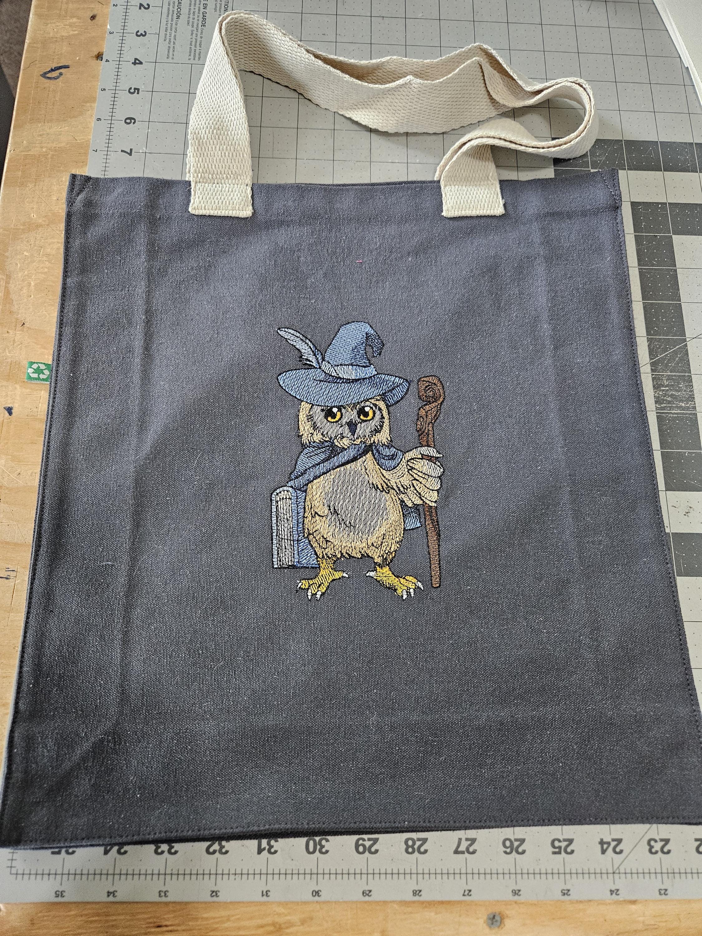 Embroidered Recycled Tote Book Bag Wise Owl Wizard