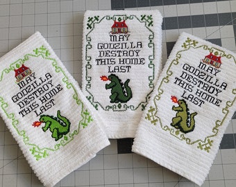 May Godzilla Destroy this Home Last embroidered kitchen towel 100% cotton