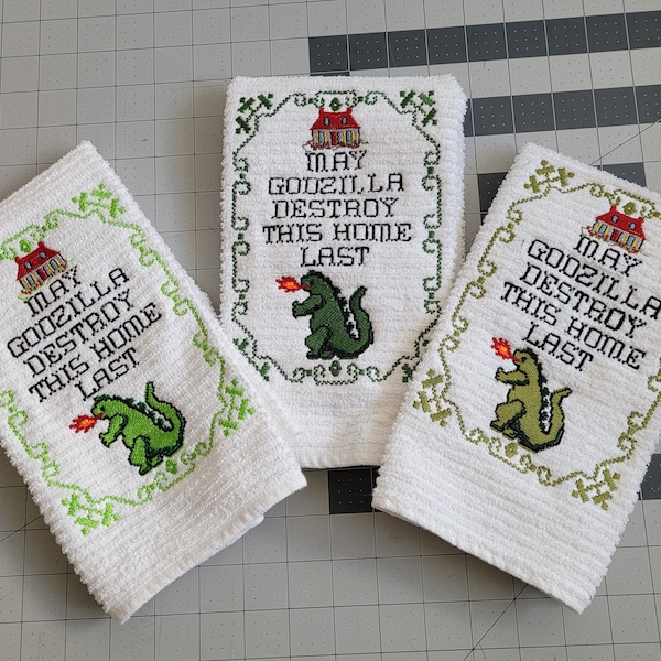 May Godzilla Destroy this Home Last embroidered kitchen towel 100% cotton