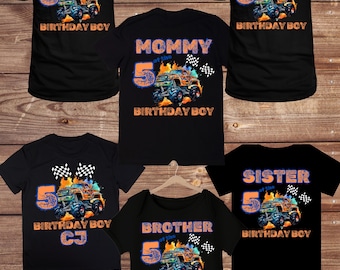 May include: A set of six black t-shirts featuring a monster truck graphic and the text "of the 5th Birthday Boy" on each shirt. The shirts are for different family members, including "Daddy", "Mommy", "Paw Paw", "Sister", "Brother", and "CJ".