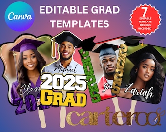May include: Seven editable graduation templates with a gold and purple color scheme. The templates feature a graduation cap, the year 2025, and the word "GRAD". The text "Class of 2025" is also included. The templates are designed for use with photos.