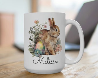 Personalized Coffee Mug for Easter, Easter Name Mug, Watercolor Easter Bunny Mug, Custom Easter Mug,Floral Bunny,Spring Easter Birthday Gift