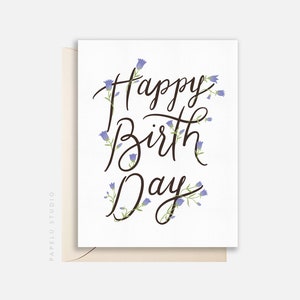 Floral Happy Birthday Card | Purple Flowers Script Lettering | Birthday Greeting Card – BIR005