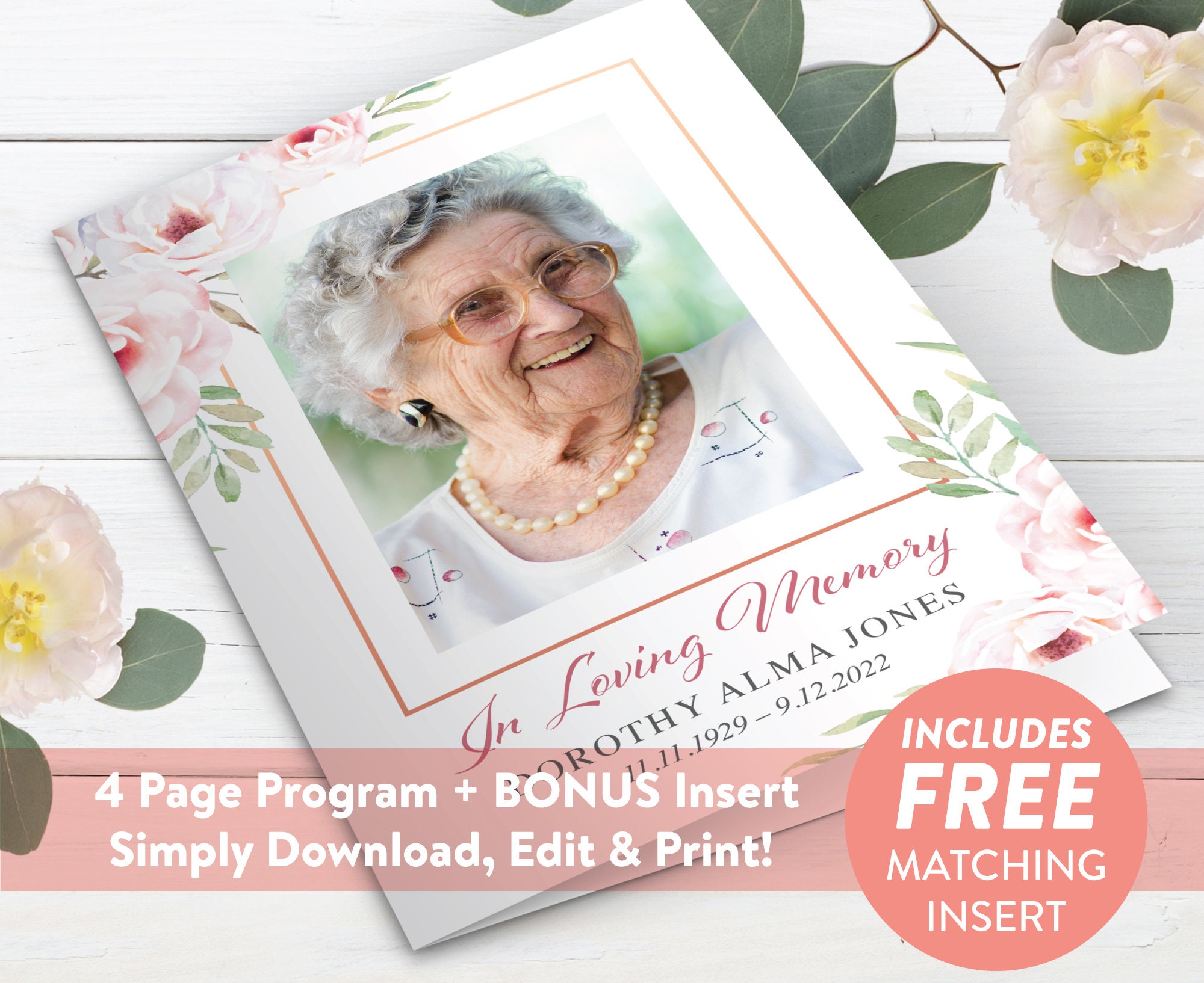 Pink Roses - Funeral Program Template - Funeral Service Sheet ...