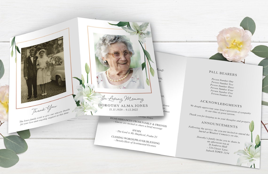 White Lily Funeral Program Template Funeral Service Template Printable