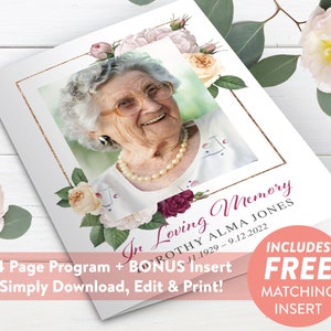 May include: A 4-page funeral program template with a floral design and a photo of a woman. The text reads "In Loving Memory" and includes the name "Dorothy Alma Jones" and dates "11.1929 - 9.12.2022". The program also includes a bonus insert and is available for download, editing, and printing.