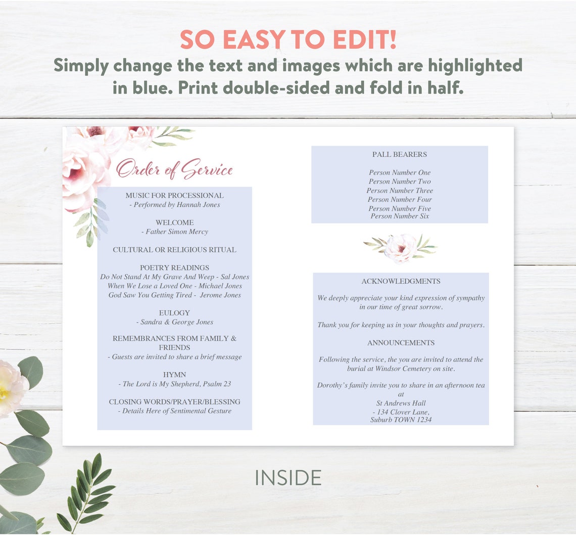 Pink Roses - Funeral Program Template - Funeral Service Sheet ...