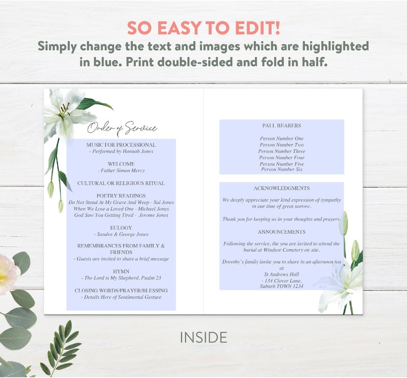 White Lily Funeral Program Template Funeral Service Template Printable