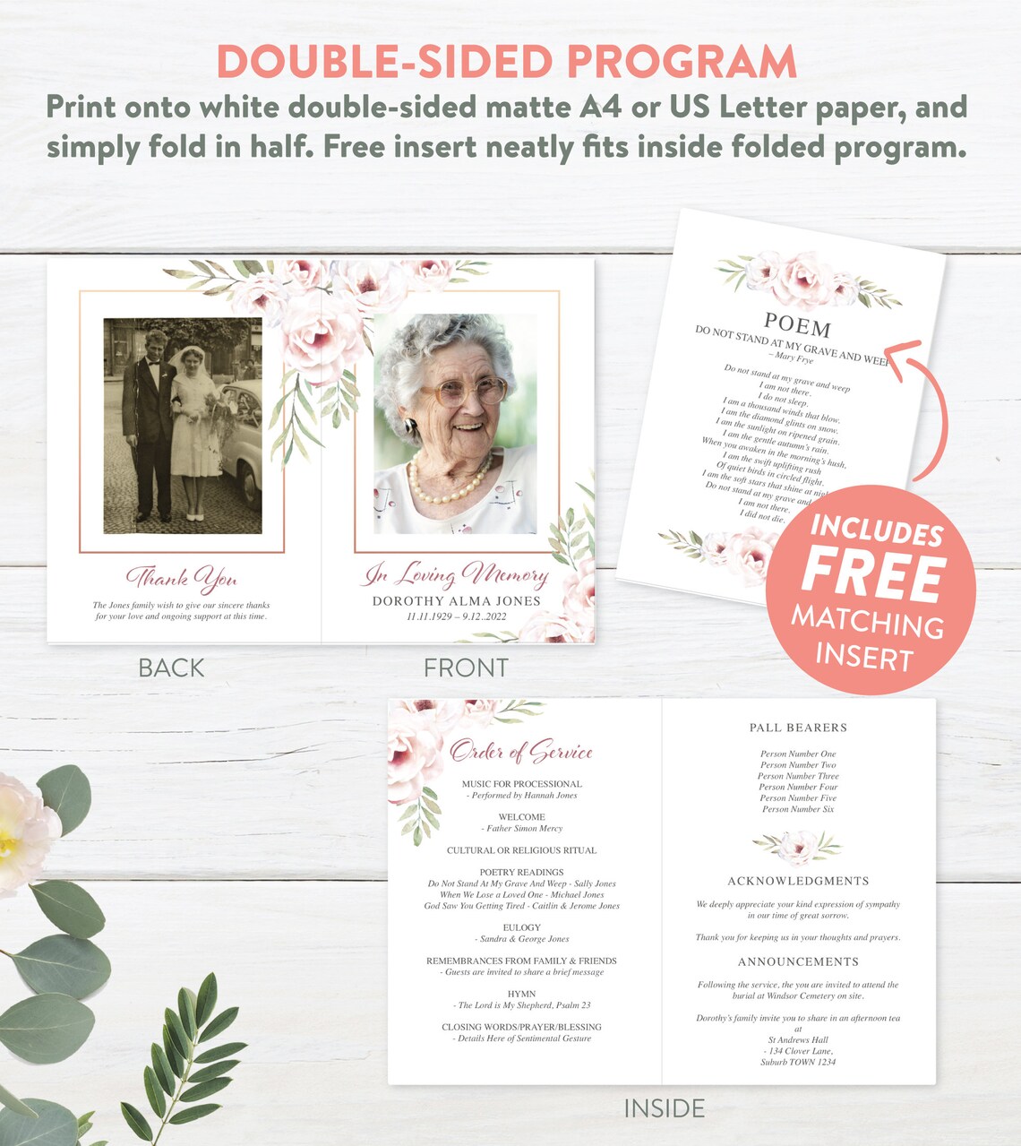 Pink Roses - Funeral Program Template - Funeral Service Sheet ...