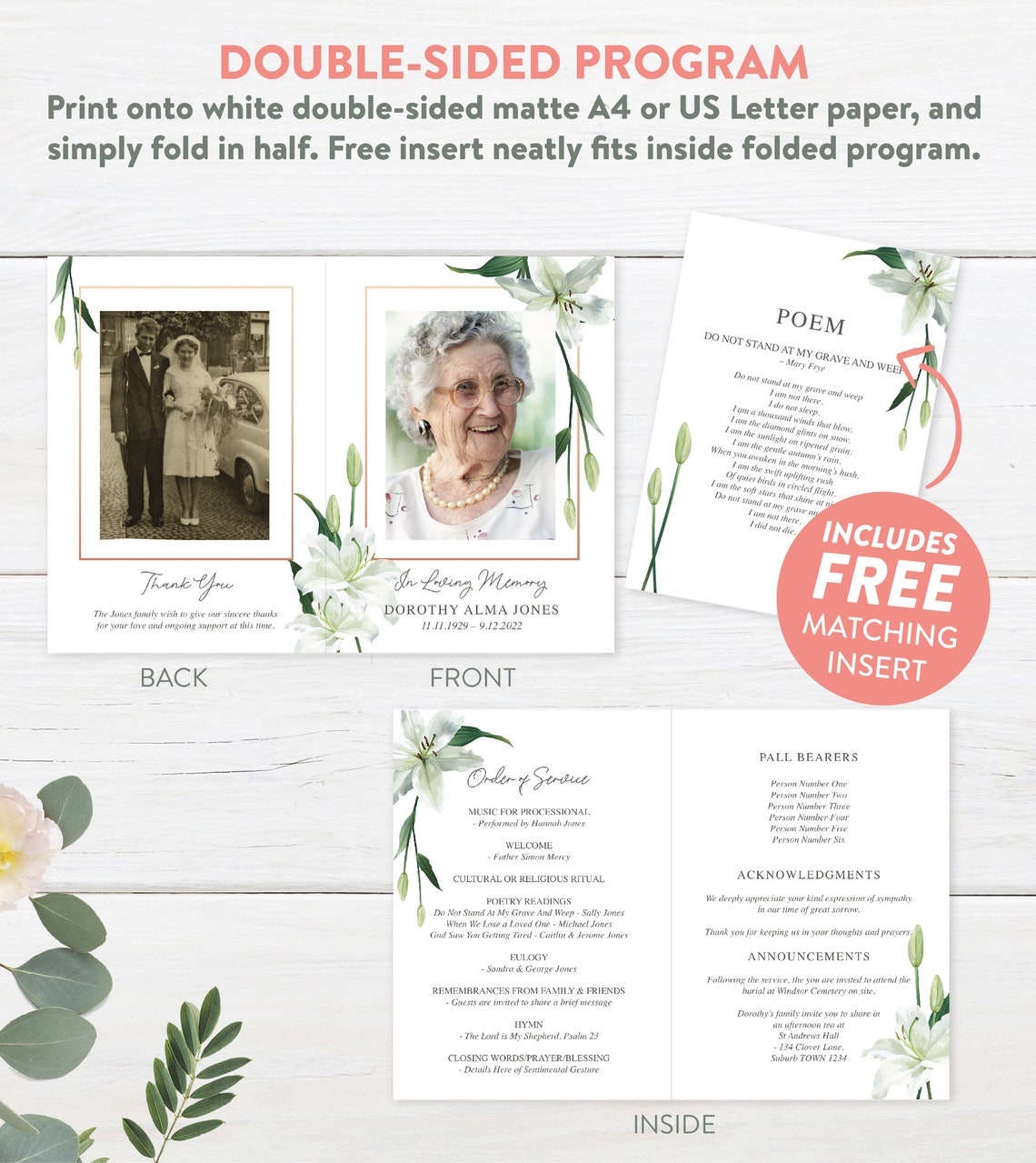 White Lily Funeral Program Template Funeral Service Template Printable