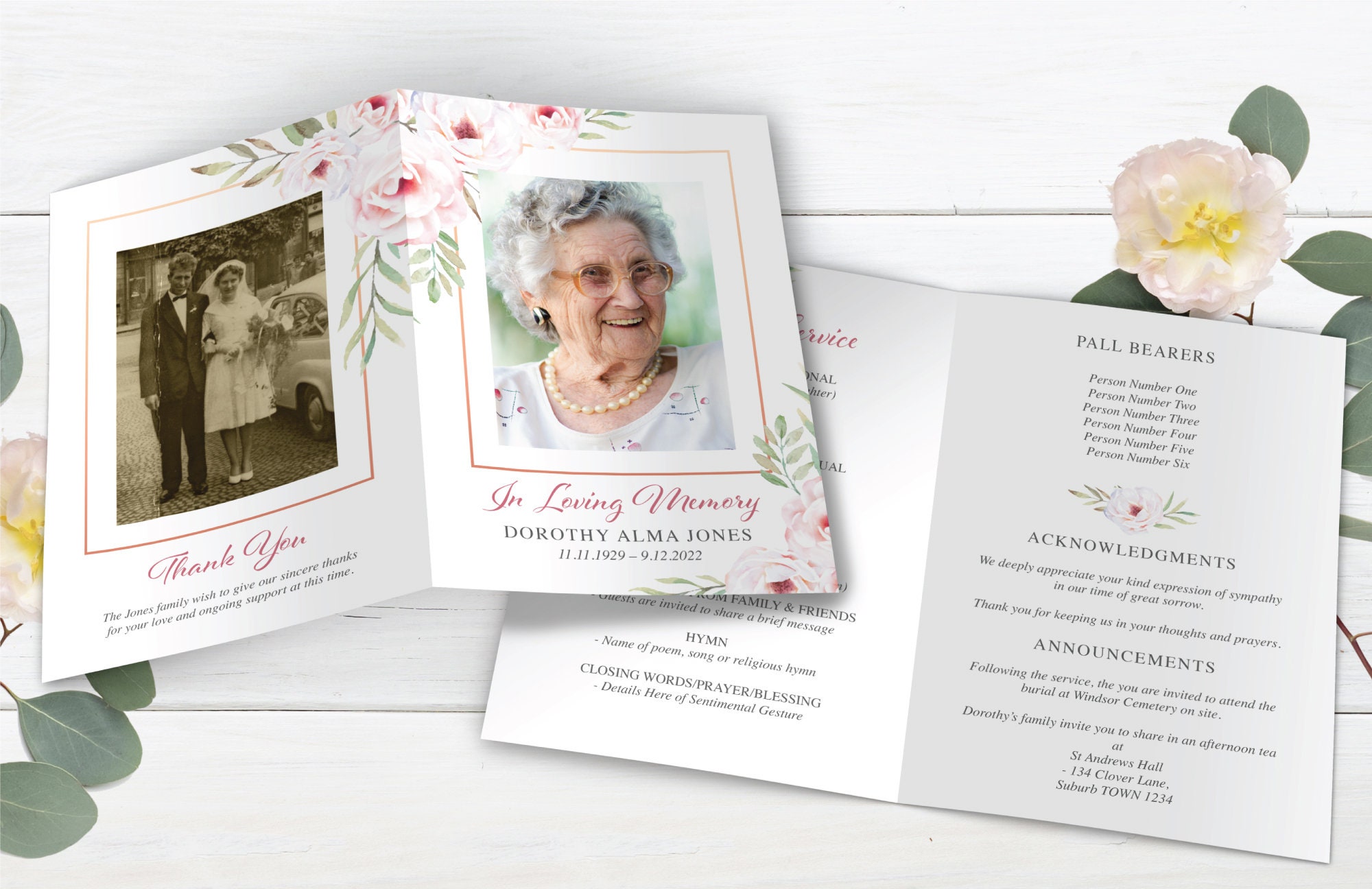 Pink Roses - Funeral Program Template - Funeral Service Sheet ...