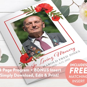 May include: A white memorial programme template with a red border and floral accents. The programme includes a photo of a man in a military uniform, the text "In Loving Memory", and the name "Harold Fred Jones". The programme also includes the dates "11.1929 - 9.12.2022".