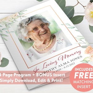 May include: A 4-page funeral program template with a floral design and a photo of a woman smiling. The text "In Loving Memory" is in a red script font. The text "Dorothy Alma Jones" is in a black font. The text "11.11.1929 - 9.12.2022" is in a black font. The text "4 Page Program + BONUS Insert" is in a black font. The text "Simply Download, Edit & Print!" is in a black font. The text "INCLUDES FREE MATCHING INSERT" is in a red font.