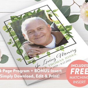 May include: A memorial program with a photo of a smiling man, framed by green leaves. The text reads "In Loving Memory" and includes the name Jack Thomas Jones and dates. Additional text includes "4 Page Program + BONUS Insert" and "Includes FREE Matching Insert."