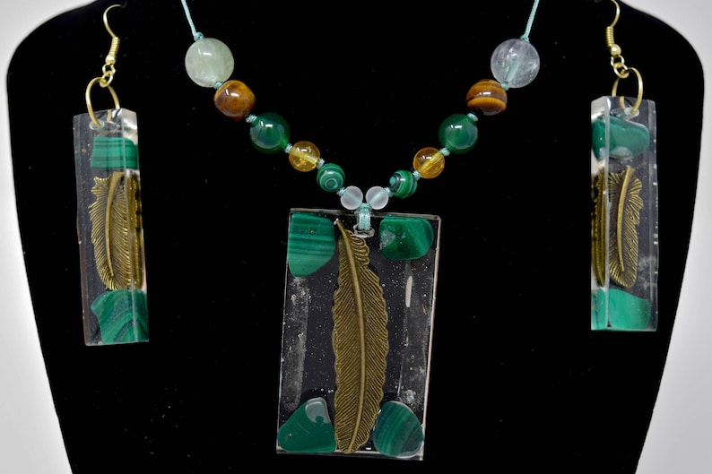 Orgone energy Malachite Orgonite Necklace /& Earring Set for Heart Chakra Taurus Birthstone,EMF protection Healing and Well-being