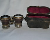 Vintage French Opera Field Marine Glasses with Case, Antique Leather Brass
