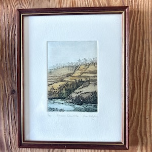 May include: A framed etching titled Erosion, Conchitte by Joan Hodgkin, numbered 1/50. The artwork depicts a landscape with layered earth, sparse vegetation, and a pale sky, presented in a dark wood frame with a gold inner trim and white matting.