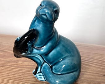 Poole Pottery Sea Otter with Fish Figurine Designed by Tony Morris c1976 Vintage Blue Teal Glaze Made in England Collectable Studio Ceramic
