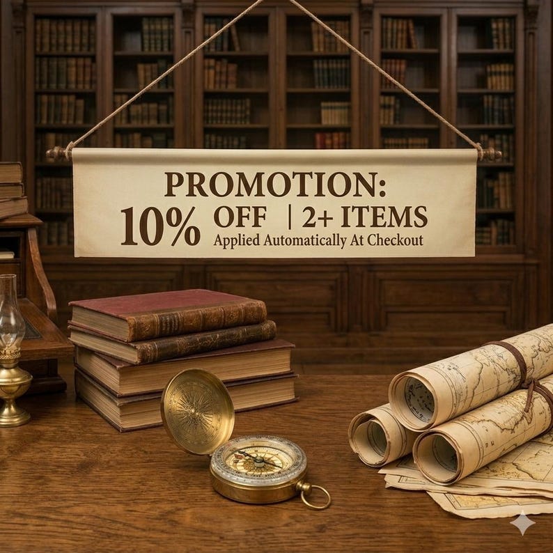 May include: A vintage-themed image featuring a stack of old books, a brass compass, and rolled-up antique maps. A banner displays "PROMOTION: 10% OFF | 2+ ITEMS". The scene is set in a library with wooden bookshelves in the background.