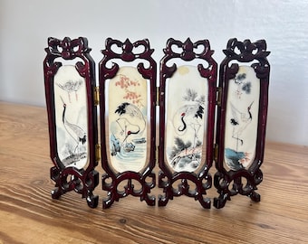 Vintage Chinese Miniature 4 Panel Folding Table Screen Hand Painted Stone Crane Bamboo 17cm