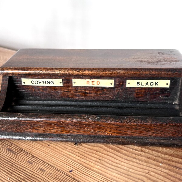 Antique Victorian Wooden Inkwell Desk Standish Bookkeepers Office Decor 3 Porcelain Pots