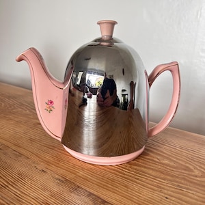 1950s Pink Ceramic Coffee Pot | Vintage Thermal Chrome Insulation Cover