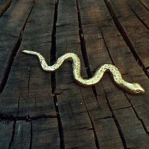 Puede incluir: Una escultura de serpiente de color dorado con una superficie texturizada, descansando sobre un fondo de madera marrón oscuro.