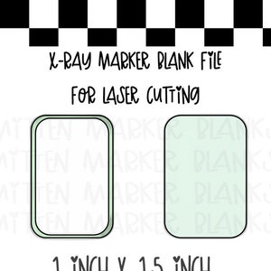 Op de afbeelding: Twee lege röntgenmarker sjablonen voor lasersnijden. De sjablonen zijn 2,5 cm bij 3,8 cm en zijn omlijnd met zwart en hebben een lichtgroene vulling.