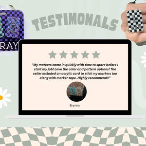 May include: An Etsy listing image with the word "TESTIMONIALS" in a wavy font. The image includes a laptop displaying a customer review, checkerboard-patterned accessories, and a purple and black X-RAY tag.