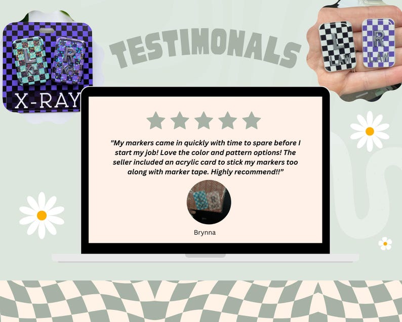 May include: An Etsy listing image with the word "TESTIMONIALS" in a wavy font. The image includes a laptop displaying a customer review, checkerboard-patterned accessories, and a purple and black X-RAY tag.