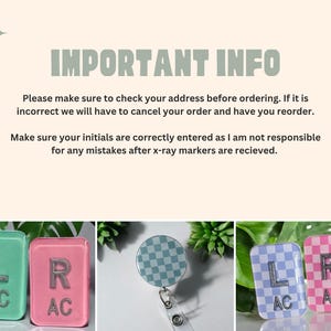 May include: The image features a variety of personalized items. There are green and pink rectangular name tags with initials and the letters "AC". A badge reel with a checkered pattern is also shown. The text "IMPORTANT INFO" is at the top.