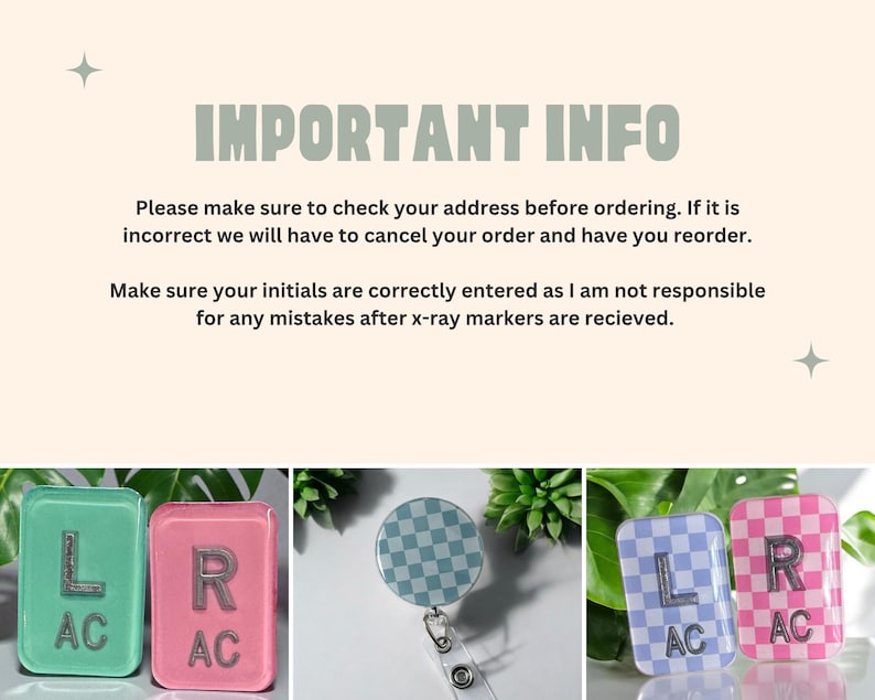 May include: The image features a variety of personalized items. There are green and pink rectangular name tags with initials and the letters "AC". A badge reel with a checkered pattern is also shown. The text "IMPORTANT INFO" is at the top.