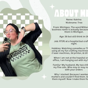 May include: A light green t-shirt with the word "RADIOLOGY" printed on it. The image includes the text "ABOUT ME" and personal details about the person in the image, including hobbies and family information.