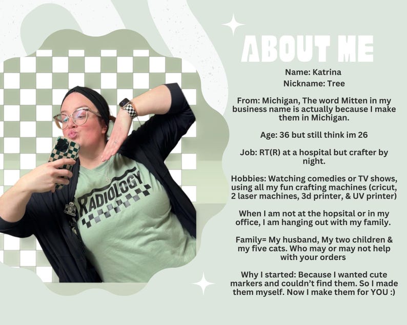 May include: A light green t-shirt with the word "RADIOLOGY" printed on it. The image includes the text "ABOUT ME" and personal details about the person in the image, including hobbies and family information.