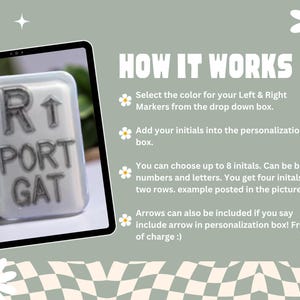May include: A close-up of a personalized marker with the text "R1 PORT GAT" in a silver color. The marker is displayed on a tablet screen, with instructions on how to personalize it. The background is a light green color.
