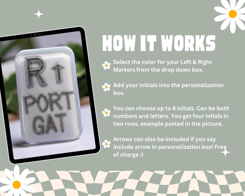 May include: A close-up of a personalized marker with the text "R1 PORT GAT" in a silver color. The marker is displayed on a tablet screen, with instructions on how to personalize it. The background is a light green color.