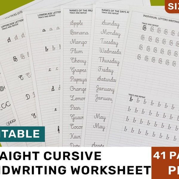Printable Straight Cursive handwriting worksheet | Handwriting worksheets | Straight cursive handwriting practice | size- A4 PDF | 41 Pages