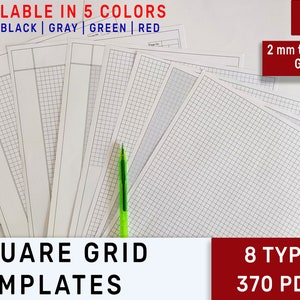May include: A stack of white A4 square grid templates with 2 mm to 10 mm grids. The image shows 8 types of templates, available in 5 colors: blue, black, gray, green, and red. A green pen rests on the templates.