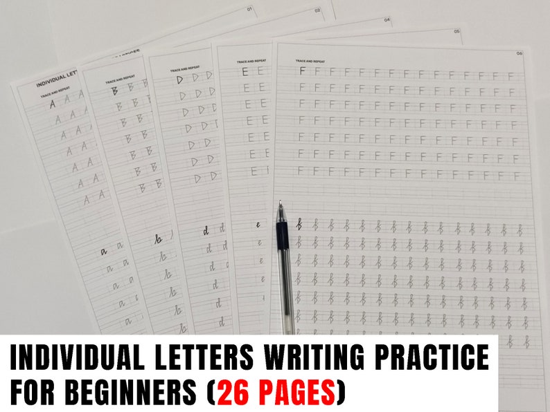 May include: A stack of handwriting practice sheets for beginners. The sheets feature individual letters with tracing and repetition exercises. A black pen rests on the top sheet. The text on the bottom reads "INDIVIDUAL LETTERS WRITING PRACTICE FOR BEGINNERS (26 PAGES)".