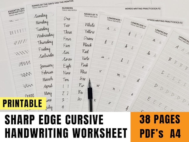 May include: A handwriting worksheet with practice pages for cursive writing. The pages include tracing exercises for letters, numbers, and words. The image shows a pen and the text "PRINTABLE SHARP EDGE CURSIVE HANDWRITING WORKSHEET 38 PAGES PDF'S A4".