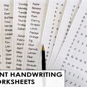 Op de afbeelding: Een verzameling handschrift oefenbladen met diverse oefeningen, waaronder lettervorming en woordtracering. De werkbladen bevatten woorden als "Hond", "Kat" en "Appel", evenals de tekst "PRINT HANDWRITING WORKSHEETS". Een zwarte pen ligt op de pagina's.